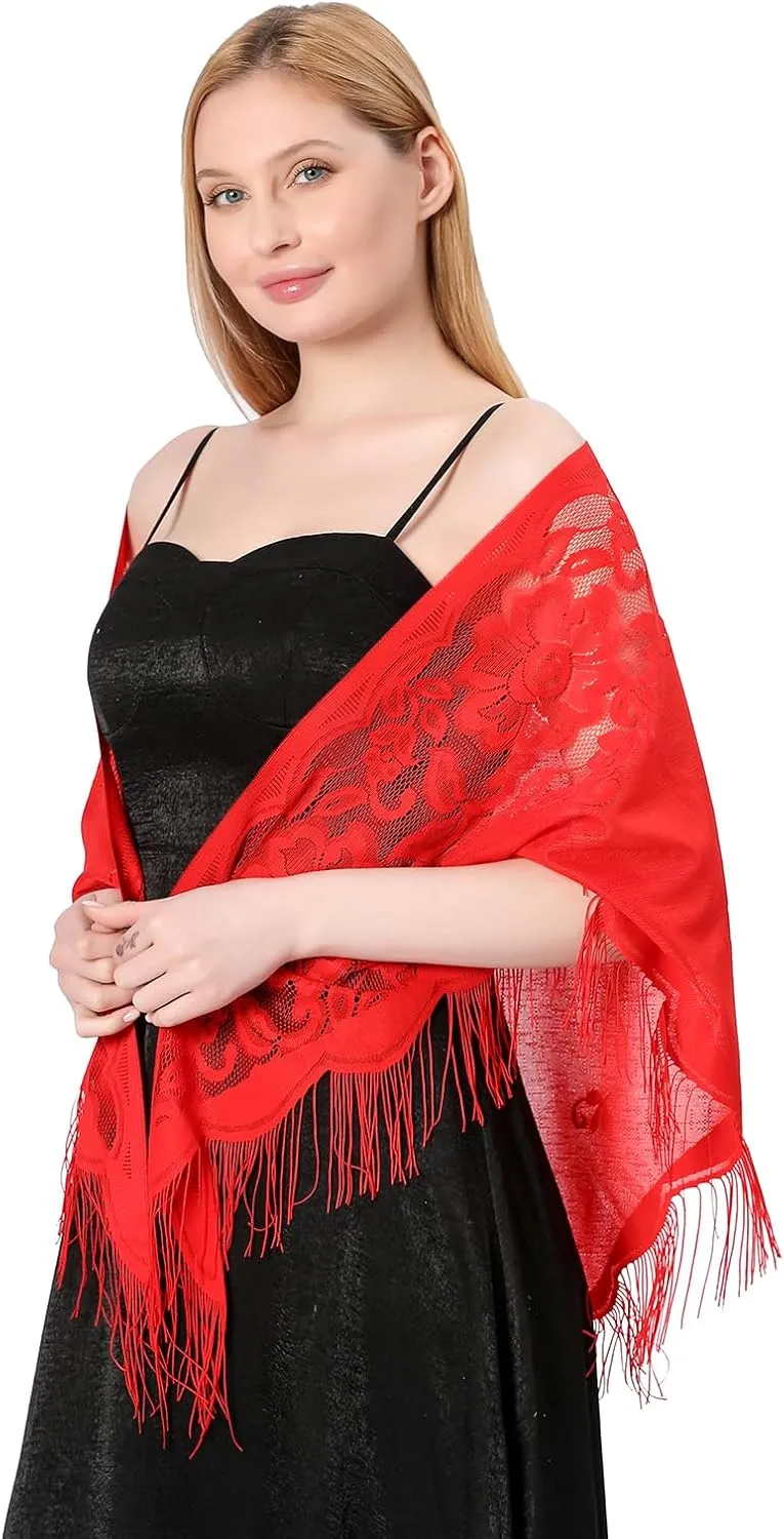 Women's Triangle Lace Shawls Wraps For Bride Wedding Floral Lightweight Fringe Scarf For Evening Party Dress