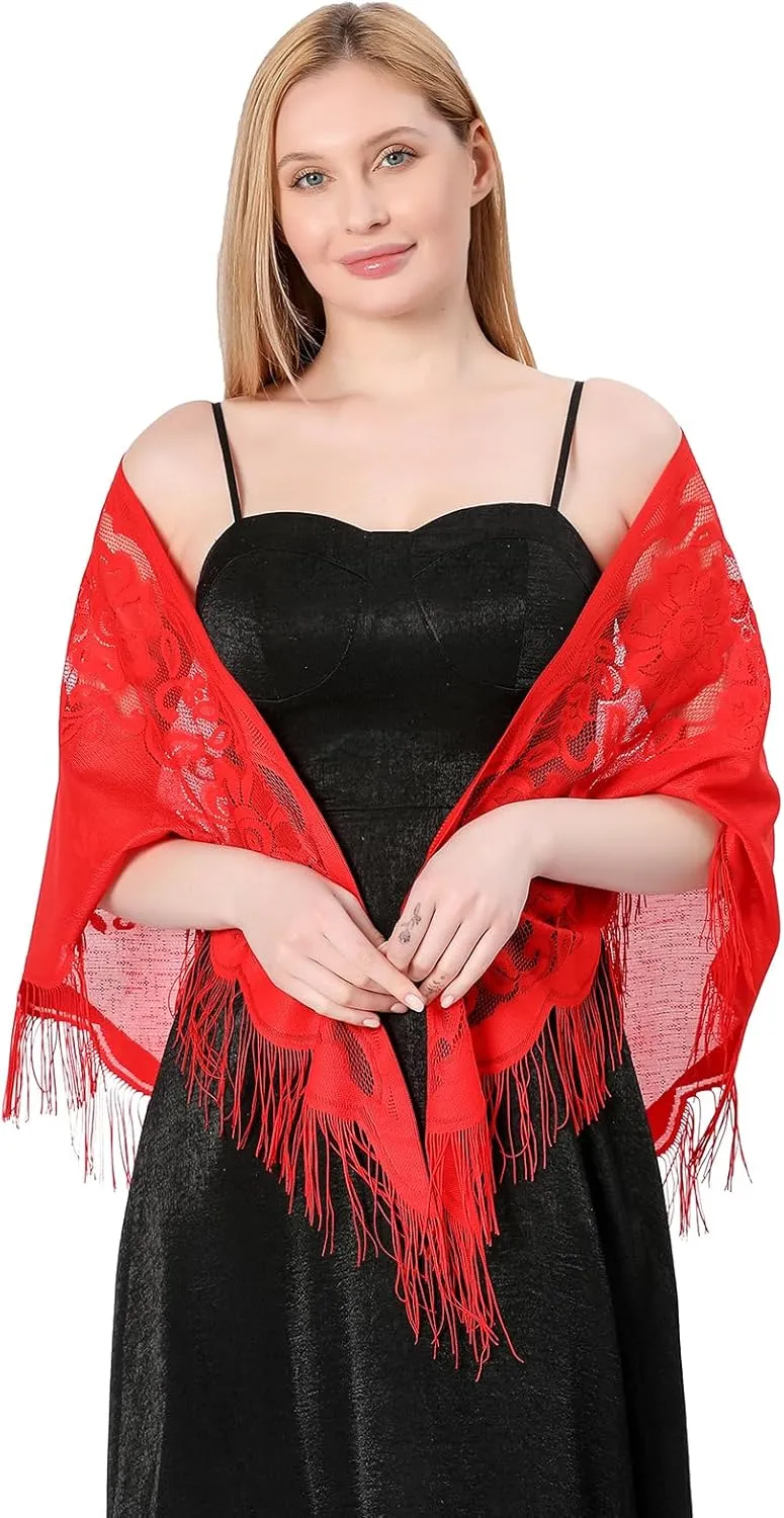 Women's Triangle Lace Shawls Wraps For Bride Wedding Floral Lightweight Fringe Scarf For Evening Party Dress