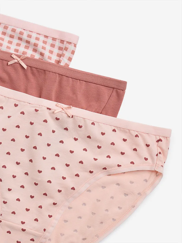 Wunderlove Peach Printed Cotton Blend Briefs - Pack of 3