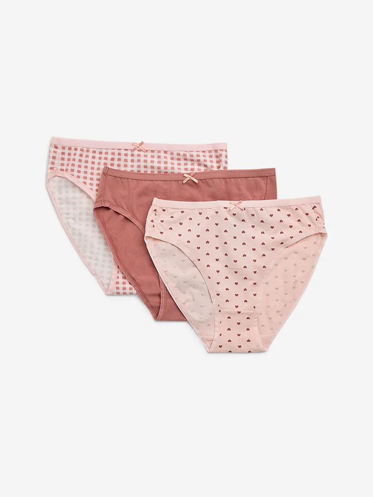 Wunderlove Peach Printed Cotton Blend Briefs - Pack of 3