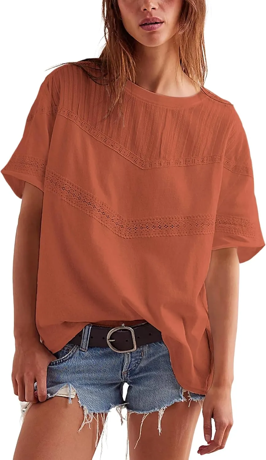 Yidarer Womens Summer Lace Crochet Tops Crewneck Short Sleeve Cute Shirts Casual Cotton Boho Blouses