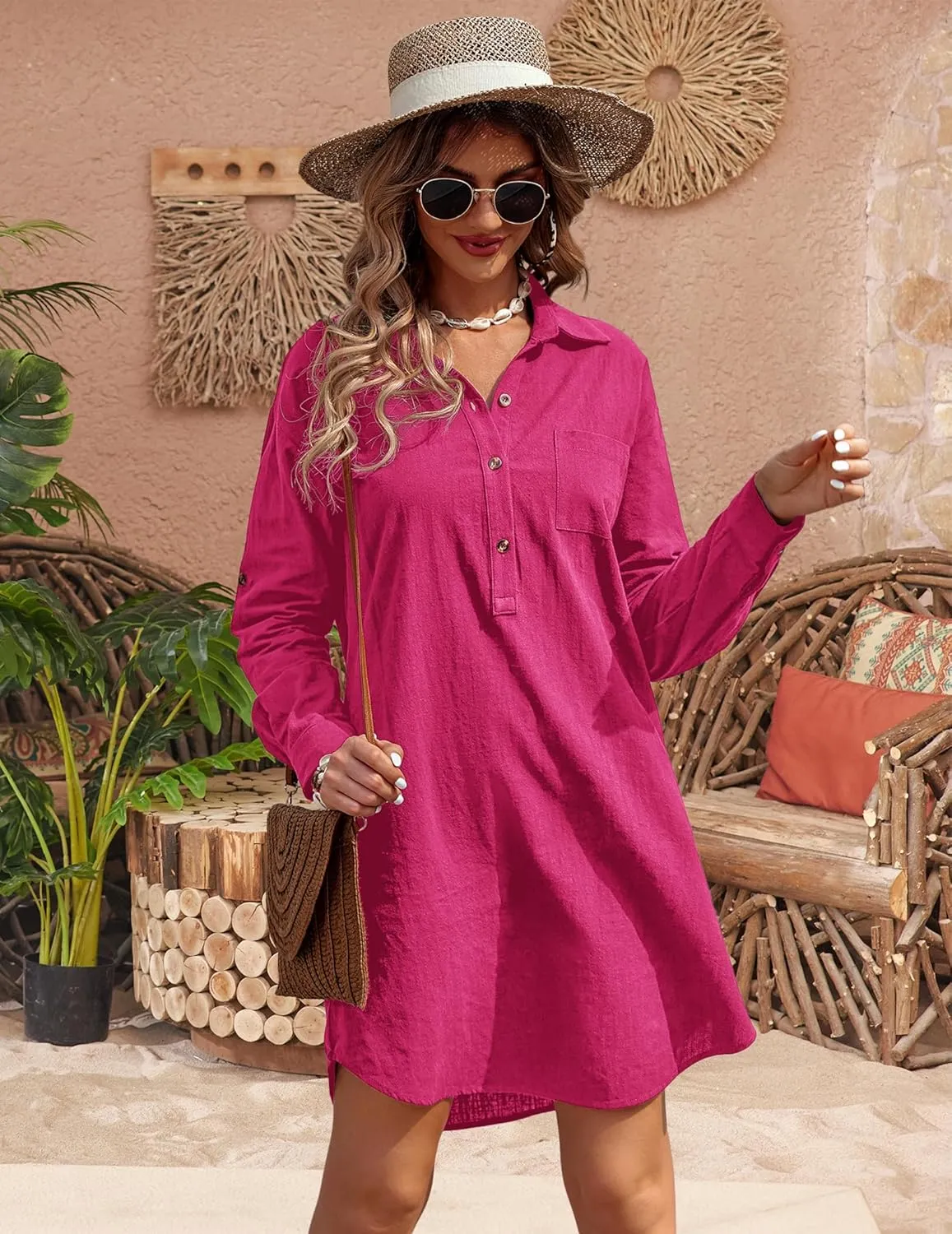 Zeagoo Women Summer Dress 2025 3/4 Sleeve Cotton Linen Button Down V-Neck Shirt Dresses Casual Loose Aline Dress