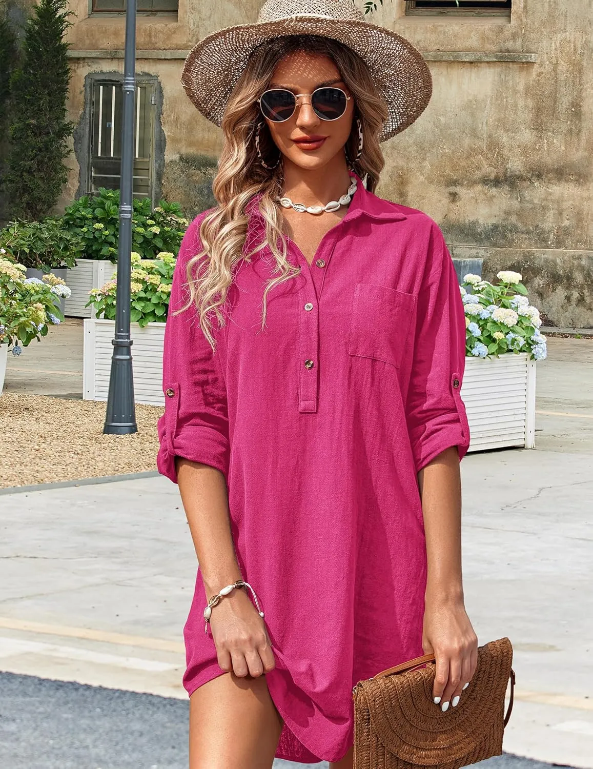 Zeagoo Women Summer Dress 2025 3/4 Sleeve Cotton Linen Button Down V-Neck Shirt Dresses Casual Loose Aline Dress