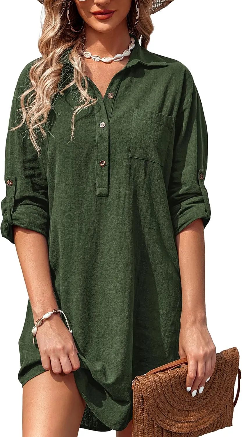 Zeagoo Women Summer Dress 2025 3/4 Sleeve Cotton Linen Button Down V-Neck Shirt Dresses Casual Loose Aline Dress