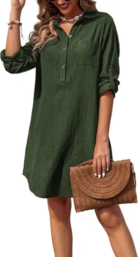 Zeagoo Women Summer Dress 2025 3/4 Sleeve Cotton Linen Button Down V-Neck Shirt Dresses Casual Loose Aline Dress Zeagoo Women Summer Dress 2025 3/4 Sleeve Cotton Linen Button Down V-Neck Shirt Dresses Casual Loose Aline Dress