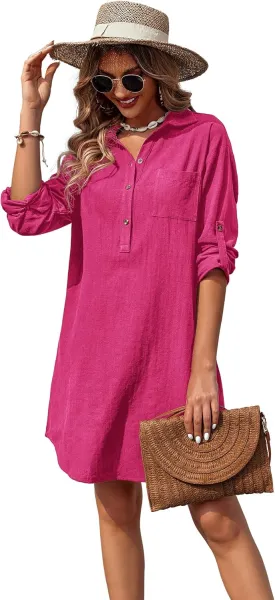 Zeagoo Women Summer Dress 2025 3/4 Sleeve Cotton Linen Button Down V-Neck Shirt Dresses Casual Loose Aline Dress
