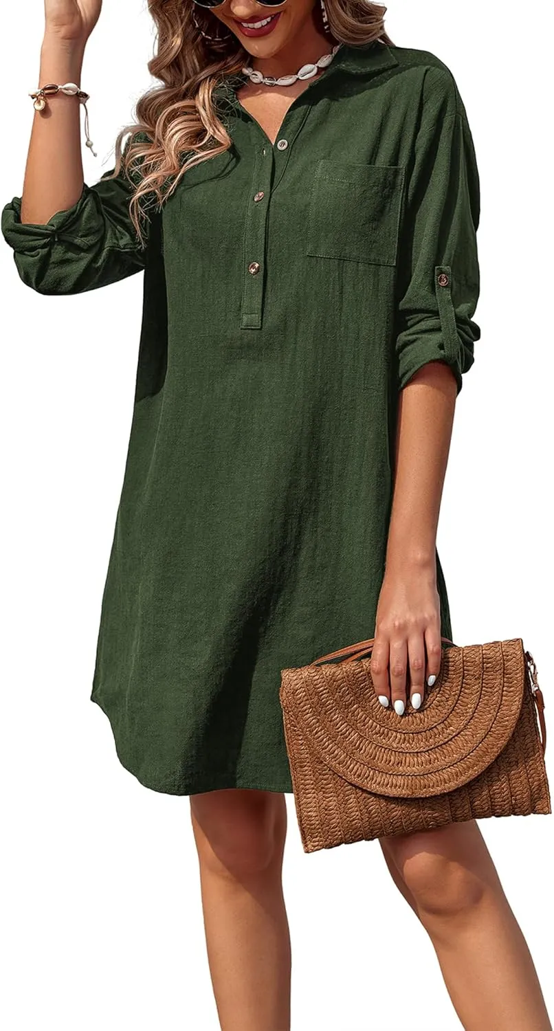 Zeagoo Women Summer Dress 2025 3/4 Sleeve Cotton Linen Button Down V-Neck Shirt Dresses Casual Loose Aline Dress