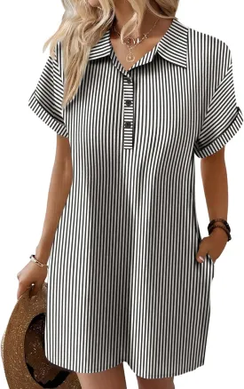 Zeagoo Womens Cotton Shirt Dress Summer Casual Short Sleeve Button Down Beach Cover Up Shirts with Pockets
