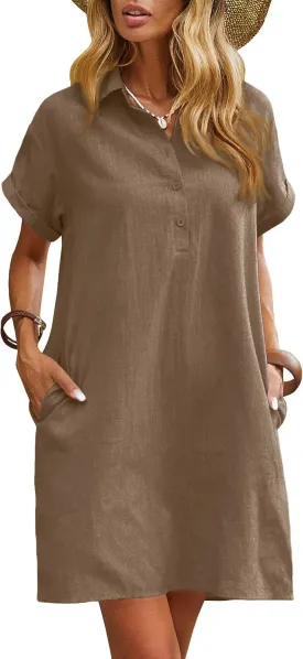 Zeagoo Womens Cotton Shirt Dress Summer Casual Short Sleeve Button Down Beach Cover Up Shirts with Pockets