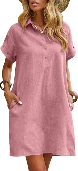 Zeagoo Womens Cotton Shirt Dress Summer Casual Short Sleeve Button Down Beach Cover Up Shirts with Pockets Zeagoo Womens Cotton Shirt Dress Summer Casual Short Sleeve Button Down Beach Cover Up Shirts with Pockets