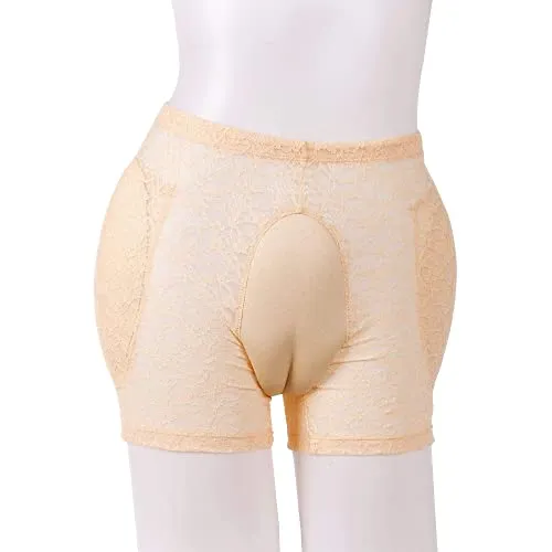 ZMASI Translucent Lace Underwear Men’s Hiding Gaff Panty Brief for Crossdresser, Padded Hips Enhancer with Removable Pads (XL) Nude